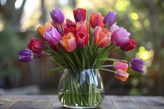 Vibrant, colorful mixed tulip arrangement in a glass vase brings a joyful and lively bloom.