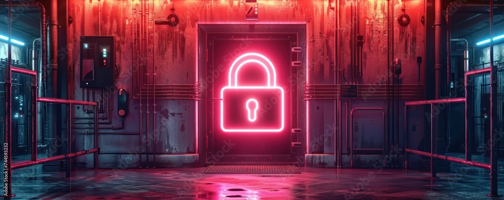 Poster a neon sign of a digital lock symbolizing the integration of advanced security measures in protectin