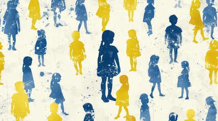 The silhouette of a girl, highlighted among other children in blue and yellow colors, is a concept on the theme of supporting people with down syndrome