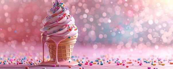 A pastel pink ice cream cone dripping with colorful sprinkles - obrazy, fototapety, plakaty