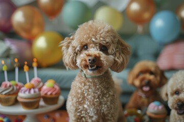Happy birthday party for a poodle, surrounded by doggy friends, festive atmosphere.