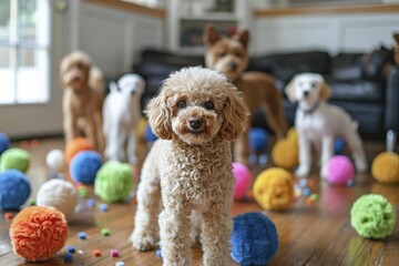 Pampering a poodle with an indoor playdate, birthday celebration, games, and furry camaraderie.