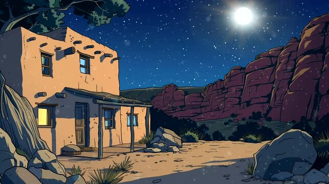 An adobe pueblo dwelling nestled in the red rock canyons of New Mexico at night. Fantasy landscape anime or cartoon style, seamless looping 4k time-lapse virtual video animation background