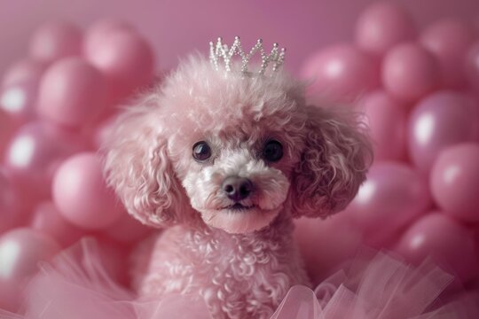 Poodle in a tiara and pink tutu celebrates her glamorous birthday with style and flair.