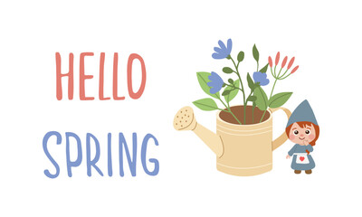Vector illustration with a beautiful bouquet in the watering can and cute little elements. Spring card with hand written text .Vector illustration isolate on white.