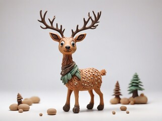 A funny surprised wild boar deer, made of clay or plasticine, sits on a white background.