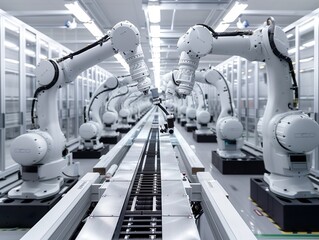 In a modern, hi-tech facility, the future of manufacturing is redefined by industrial automation and AI-controlled robotic hands assembling complex mechanisms - obrazy, fototapety, plakaty