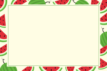 A rectangular form with a frame of watermelon pieces. A summer illustration in the flat style with bright fresh flowers.