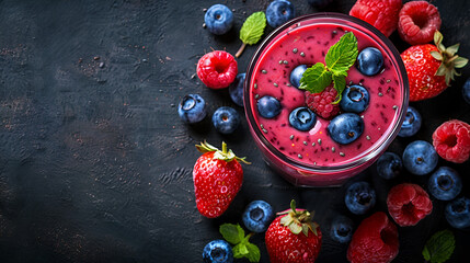 Berry smoothie on rustic background Copy Space, Pink strawberry smoothie or milkshake in mason jar on blue table. Healthy food for breakfast and snack. copy space for text. Generative Ai 