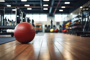 Obraz premium Close up of a fitness ball on a wooden floor in a gym