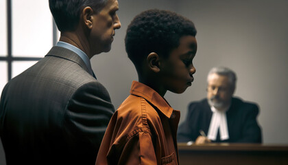 African American boy standing with his attorney inside a juvenile courtA Juvenile Defense Attorney specializes in defending children who find themselves in legal trouble - obrazy, fototapety, plakaty