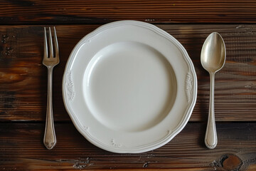 Neutral Elegance: Empty Plate and Silverware on Wooden Background