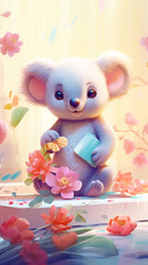 A gentle koala encounters a toy that blooms flowers with every cuddle watercolor tone pastel 3D Animator