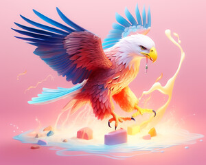 Obraz premium A majestic eagle grasps a toy that grants it the speed of lightning watercolor tone pastel 3D Animator