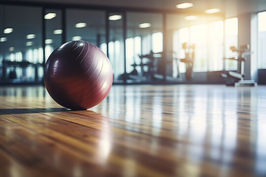 Close up of a fitness ball on a wooden floor in a gym