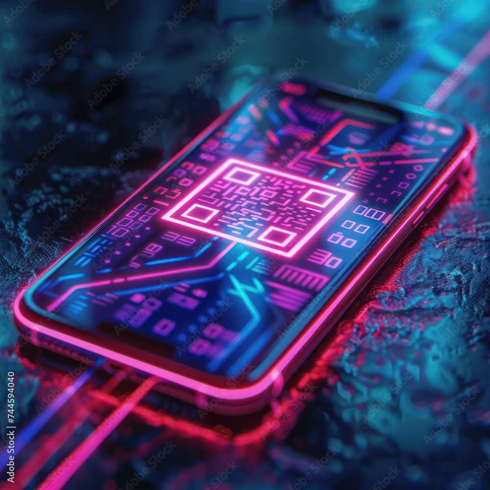 Poster close up of a neon qr code on a smartphone a gateway to digital business services and interactions