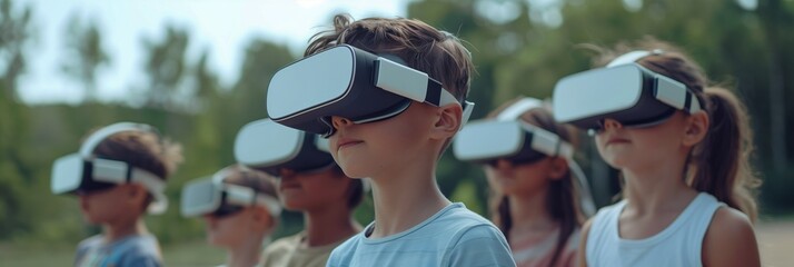 A Group of Kids From Diverse Ethnicities Wearing VR Headset. Enjoying Virtual Reality and Nature Experience in the Outside Forest. Horizontal Large Photo Banner (3:1)