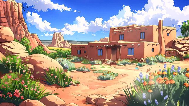 An adobe pueblo dwelling nestled in the red rock canyons of New Mexico. Fantasy landscape anime or cartoon style, seamless looping 4k time-lapse virtual video animation background