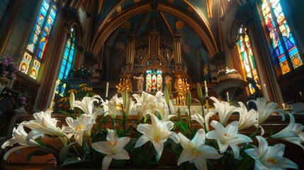 The warm glow of candles and fresh lilies create a serene Easter atmosphere at a church altar, with stained glass windows casting a colorful backdrop