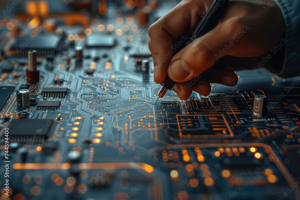 Poster close up of an engineer s hand sketching a complex circuit design on digital paper with electronic c