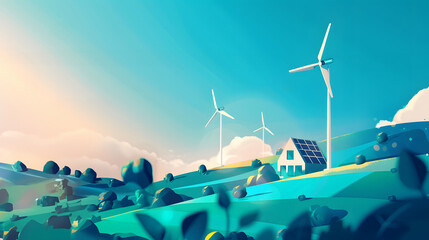 Wind turbines in green field. Renewable energy concept.