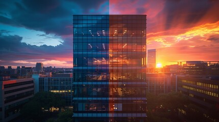 A time-lapse image capturing the transition from day to night, as office windows gradually light up...
