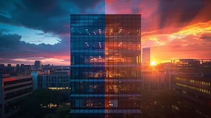 Poster A time-lapse image capturing the transition from day to night, as office windows gradually light up one by one against the darkening sky. © AI ARTISTRY