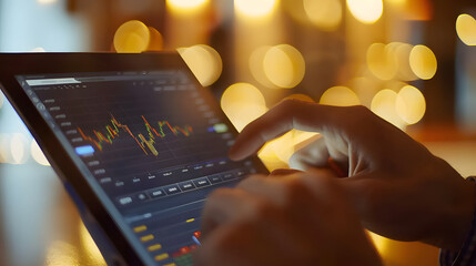 Closeup of man hands using tablet with stock market chart on screen