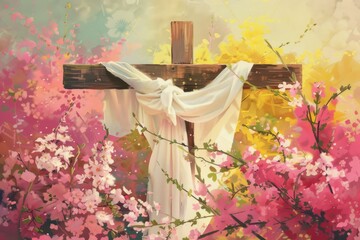 A rustic wooden cross with a white cloth draped over it, set against a backdrop of vibrant pink flowers symbolizing renewal and Easter