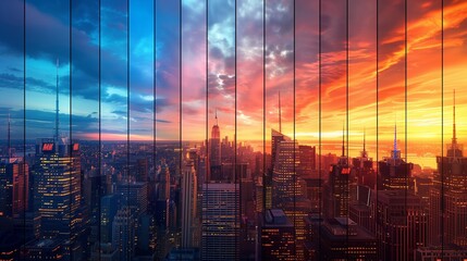 A time-lapse image capturing the transition from day to night, as office windows gradually light up one by one against the darkening sky.