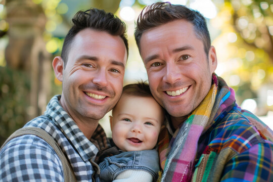 Inclusive family. A couple of two gay men with their son smiling to the camera.