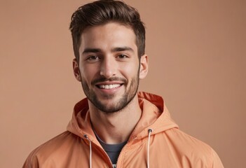 Obraz premium A man in an orange outdoor jacket with a charming smile, his look suggests readiness for cooler weather.