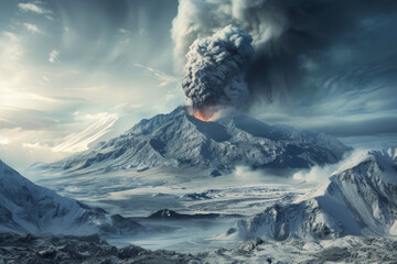 Erupting volcano in a snowy landscape. Concept of natural disasters. - obrazy, fototapety, plakaty