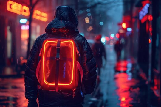 Medium shot of a courier s backpack emitting a soft neon glow ensuring visibility and safety during nighttime deliveries
