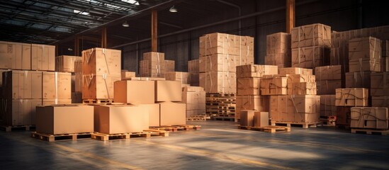 Cargo warehouse with stacked cardboard boxes on pallets for distribution and sale.