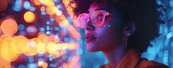 Medium shot of a digital marketer analyzing trends on a neon interface the future of advertising glowing brightly