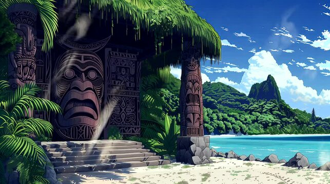 A traditional Maori wharenui adorned with intricate carvings and woven flax panels. Fantasy landscape anime or cartoon style, seamless looping 4k time-lapse virtual video animation background