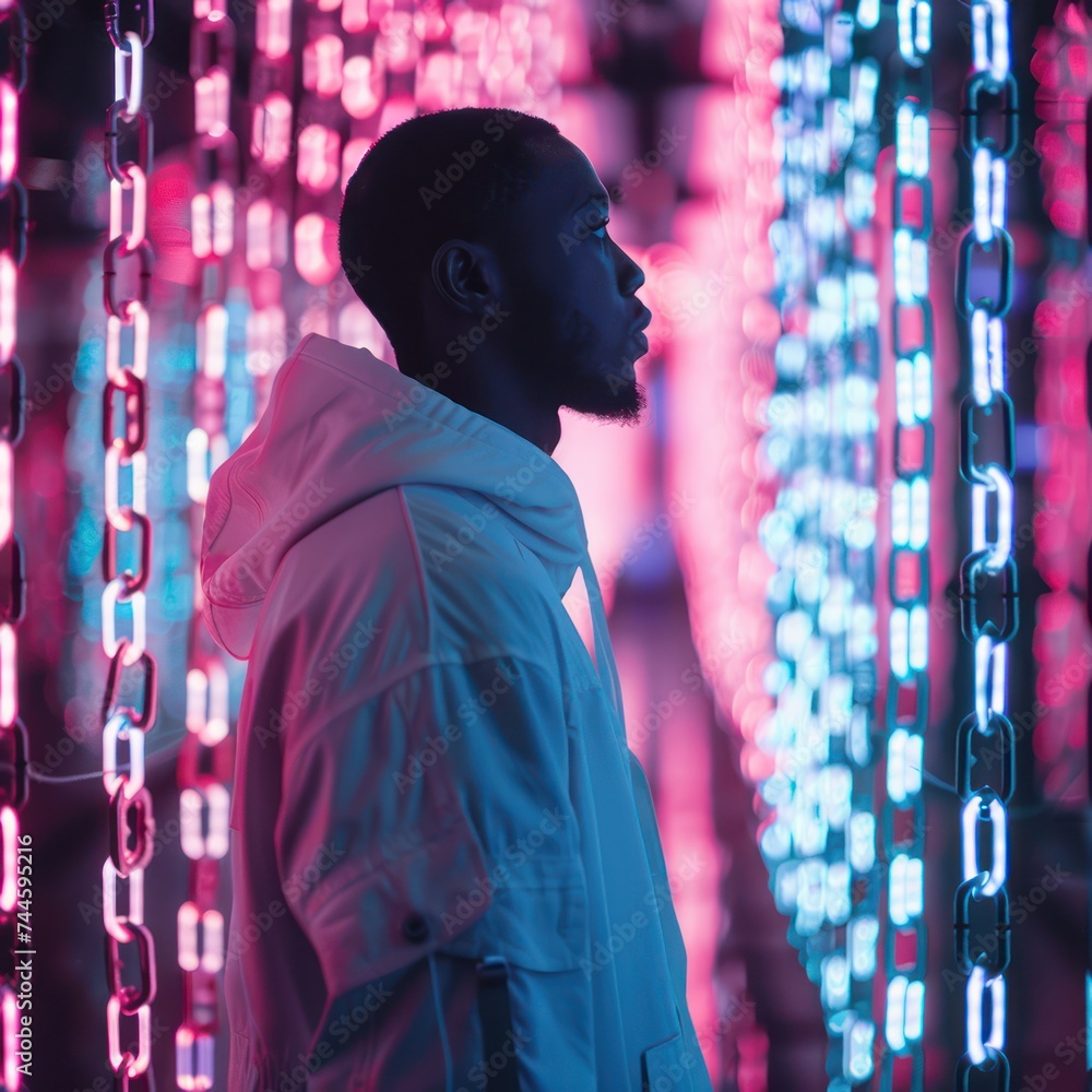 Leinwandbilder medium shot of a fintech innovator exploring blockchain technology with neon chains symbolizing secu
