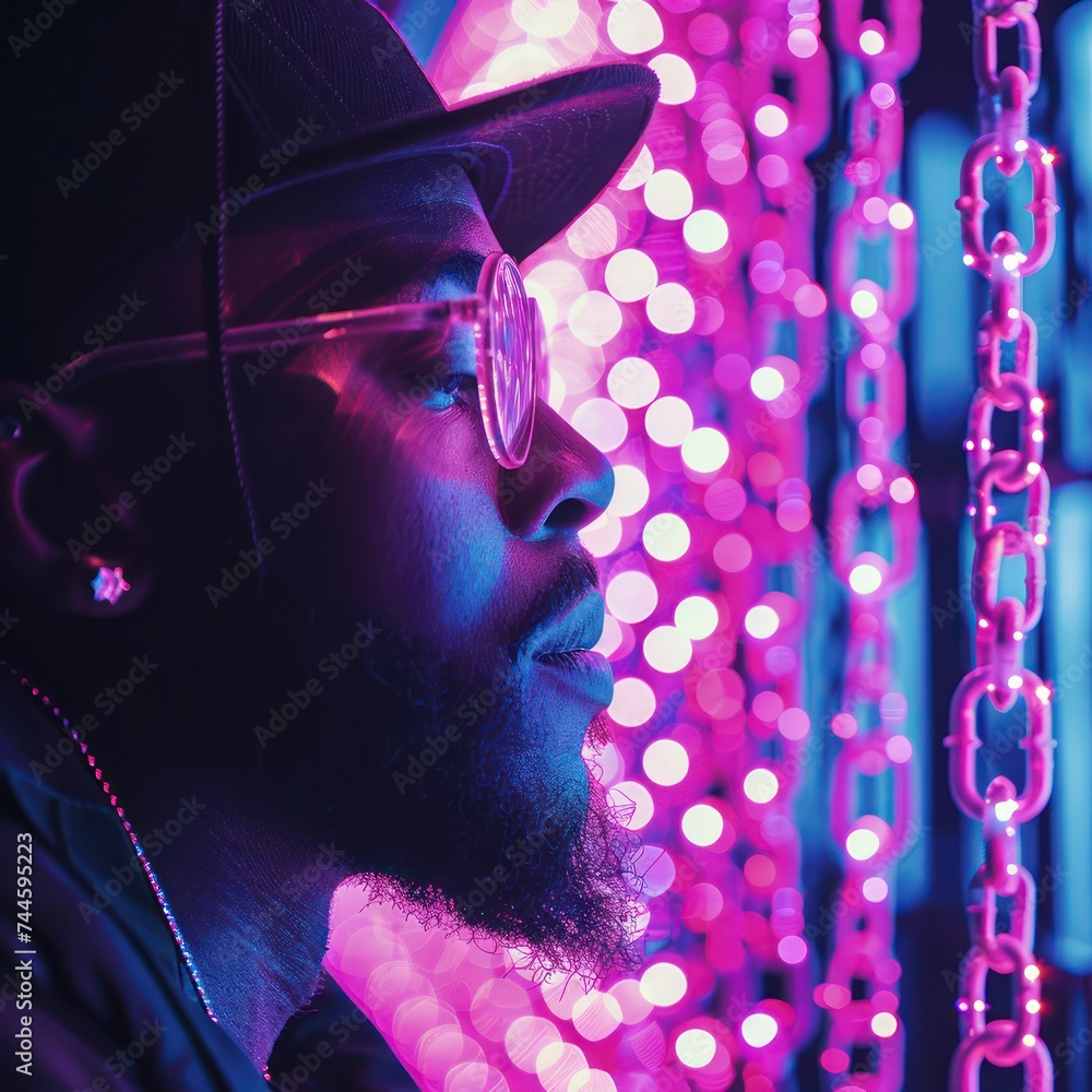 Leinwandbilder medium shot of a fintech innovator exploring blockchain technology with neon chains symbolizing secu