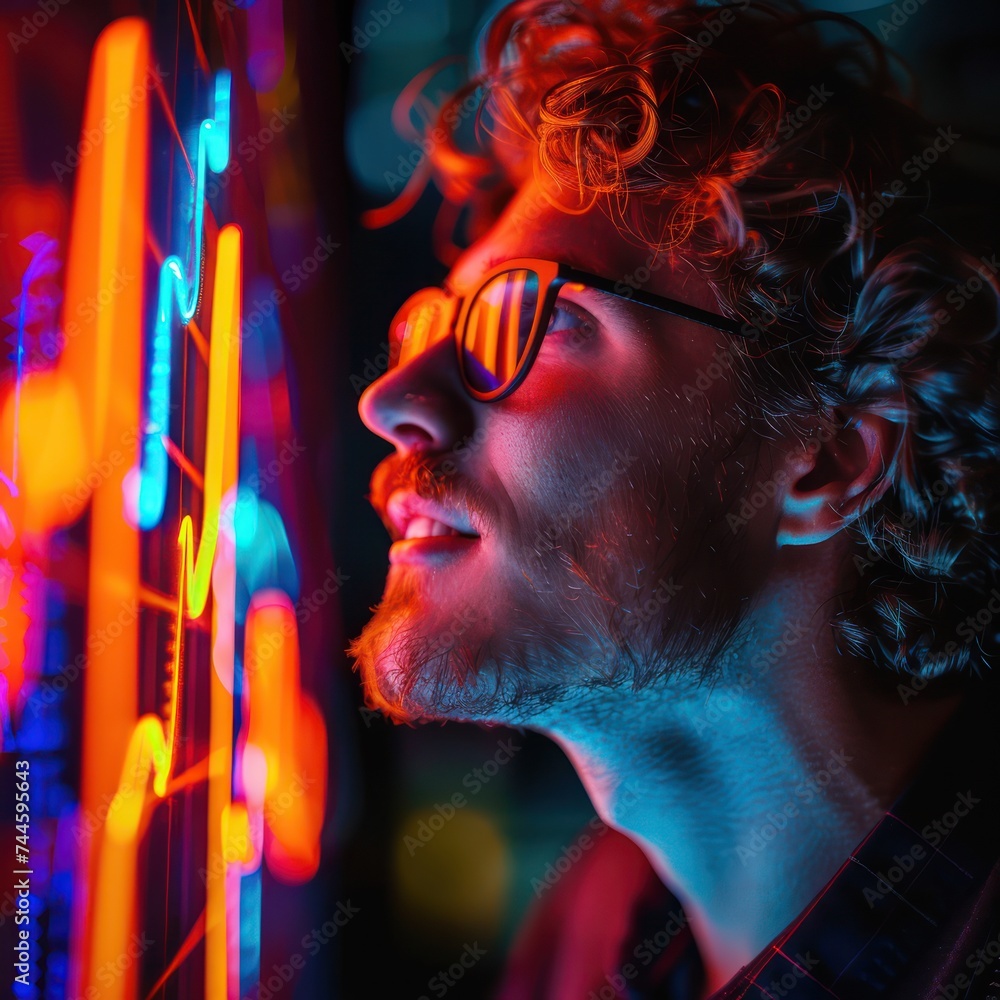 Poster medium shot of an entrepreneur visualizing growth through a neon graph plotting success in vibrant c