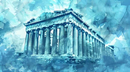 Ancient Parthenon in Abstract Blue Shards Wallpaper Background - obrazy, fototapety, plakaty