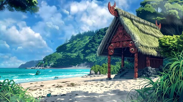A traditional Maori wharenui adorned with intricate carvings and woven flax panels. Fantasy landscape anime or cartoon style, seamless looping 4k time-lapse virtual video animation background