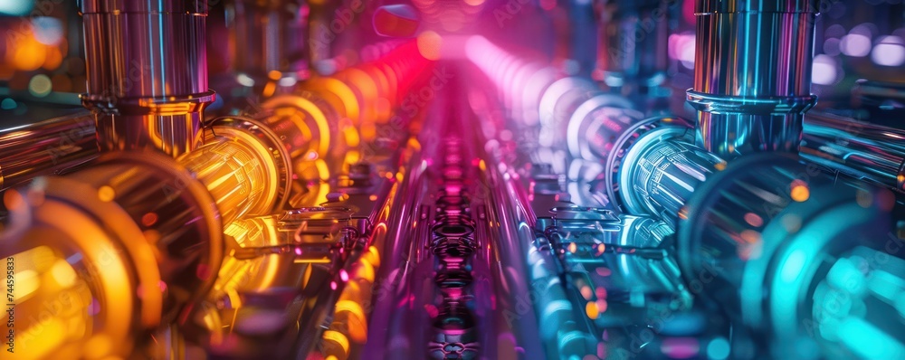 Poster the inner workings of a hardware device portrayed in a mesmerizing display of colors