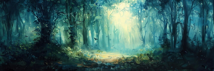 Immerse in the tranquil mystery of a blue-toned enchanted forest painting