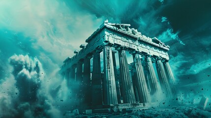 Parthenon Greek Ancient Ruins in Teal Explosion Wallpaper Background