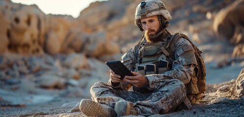 A rugged military man blends into his desert surroundings as he uses modern technology to guide his troops towards their mission - obrazy, fototapety, plakaty