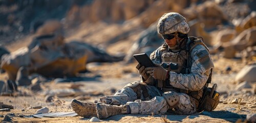 A soldier, clad in military camouflage and armed with a rifle, sits on the ground in an outdoor setting, gazing intently at a tablet, surrounded by the tools of war as he awaits orders from his comma