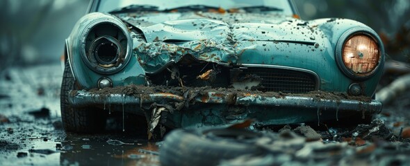 Amidst the rusted metal and shattered glass lies a once powerful land vehicle, now a tragic reminder of its untimely demise on the unforgiving road - obrazy, fototapety, plakaty