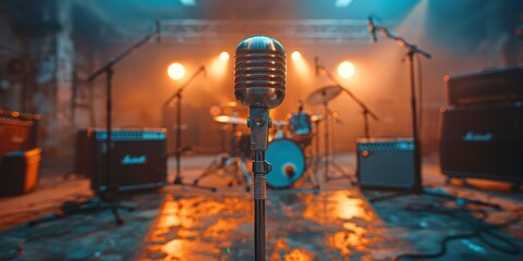 The powerful combination of live music and expert audio equipment sets the stage for an electrifying concert experience, as a lone microphone stands at attention in front of a vibrant drum set - obrazy, fototapety, plakaty