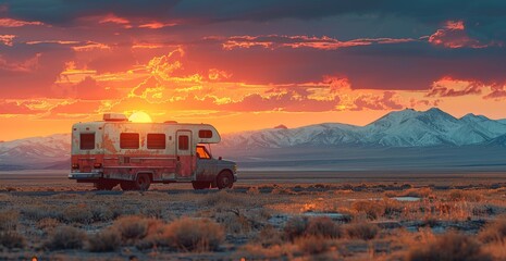 A solitary truck stands tall against the fiery sky, surrounded by the vast expanse of the desert landscape, as the sun sets over the rugged mountains in the distance